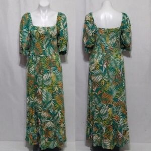 Betsey Johnson Tropical Leaf Puff Sleeve Maxi Dress XL Smocked Bodice Summer